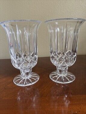 Vintage Pair Clear Crystal Hurricane Candle Holder Lamps